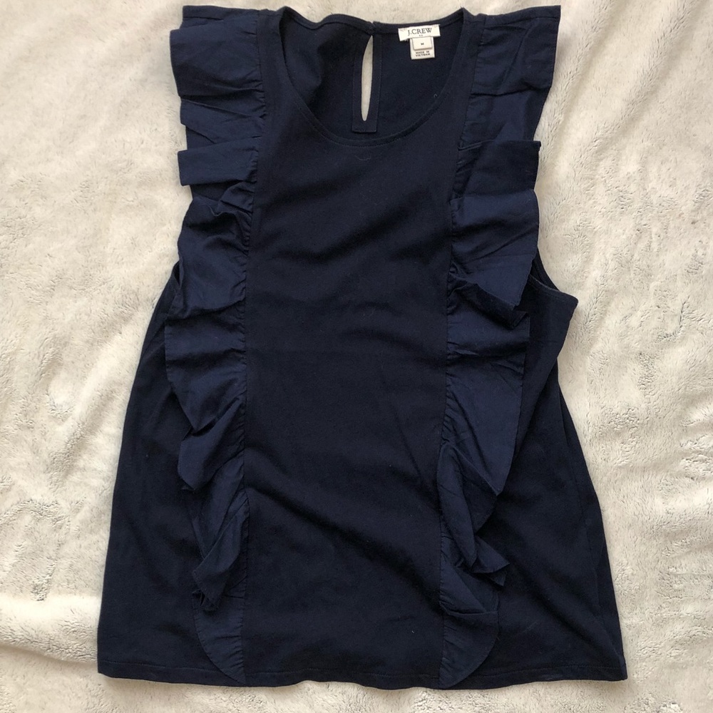 JCrew navy ruffle front top size M